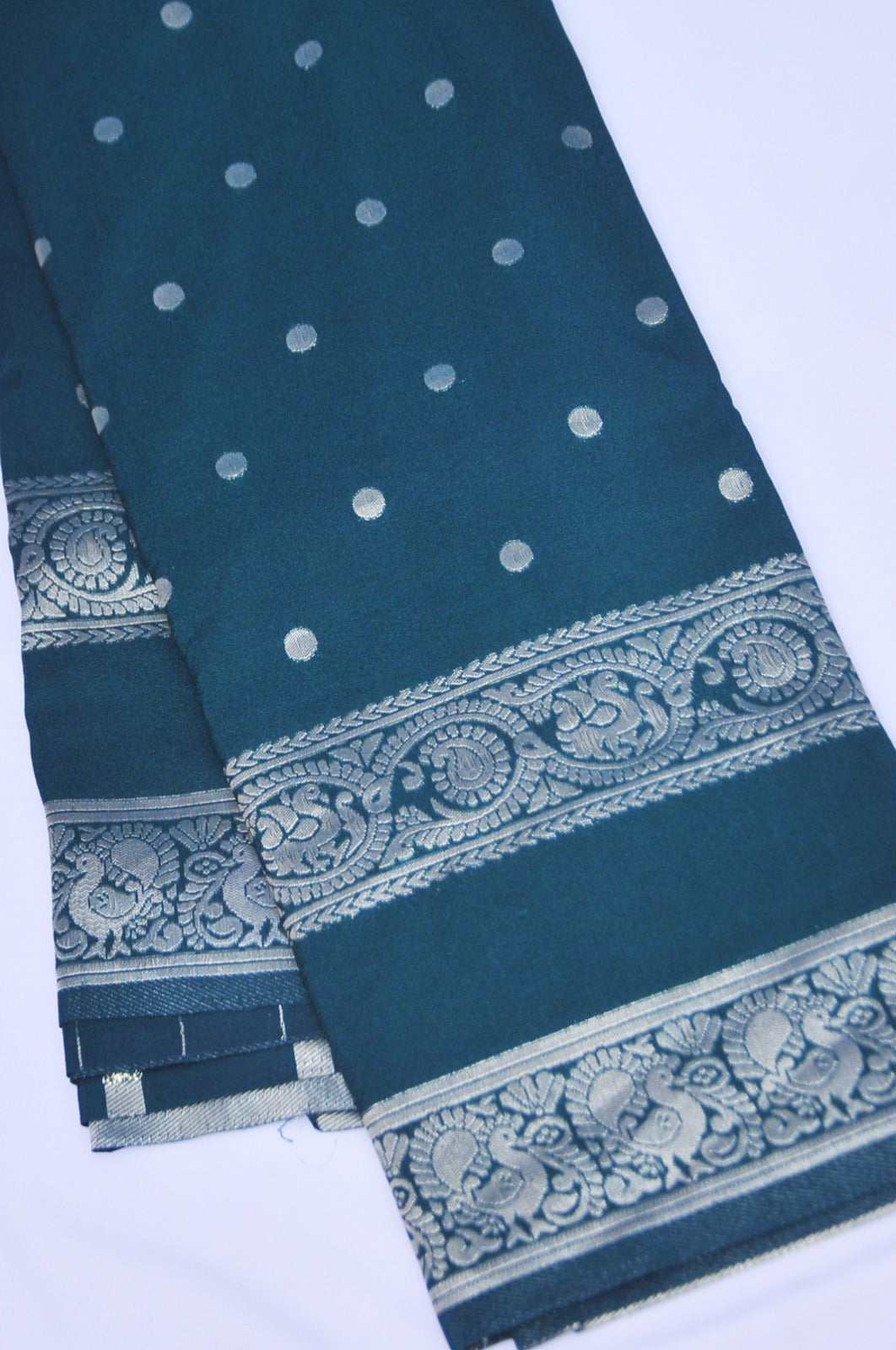 Premium Crepe Saree in Green with Silver Zari Buta and Ornate Border