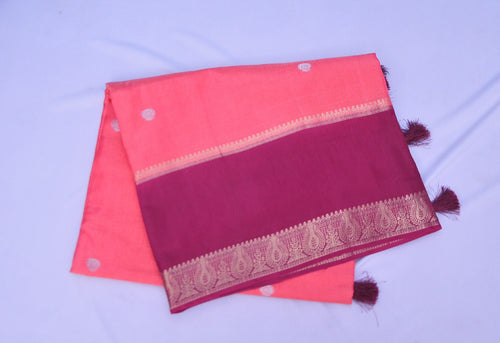 Peach and Wine Soft Silk Saree with Meenakari Floral Design Contrast Wine Blouse