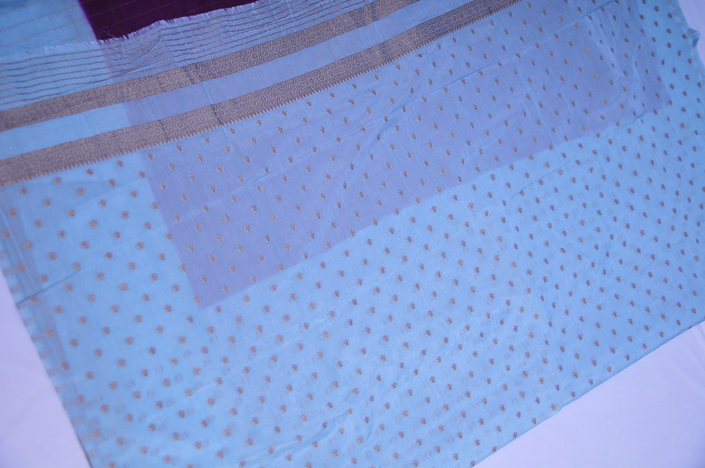 Premium Georgete Saree in Purple with Aqua Blue Border and Golden Zari Stripes