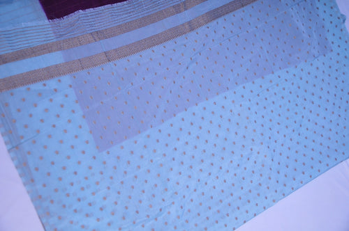 Premium Georgete Saree in Purple with Aqua Blue Border and Golden Zari Stripes