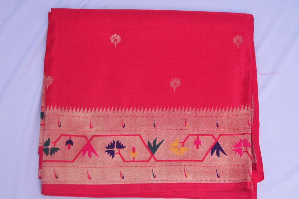 Pink Paithani Silk Saree with Multicolour Traditional Woven Border and Gold-Tone Pallu