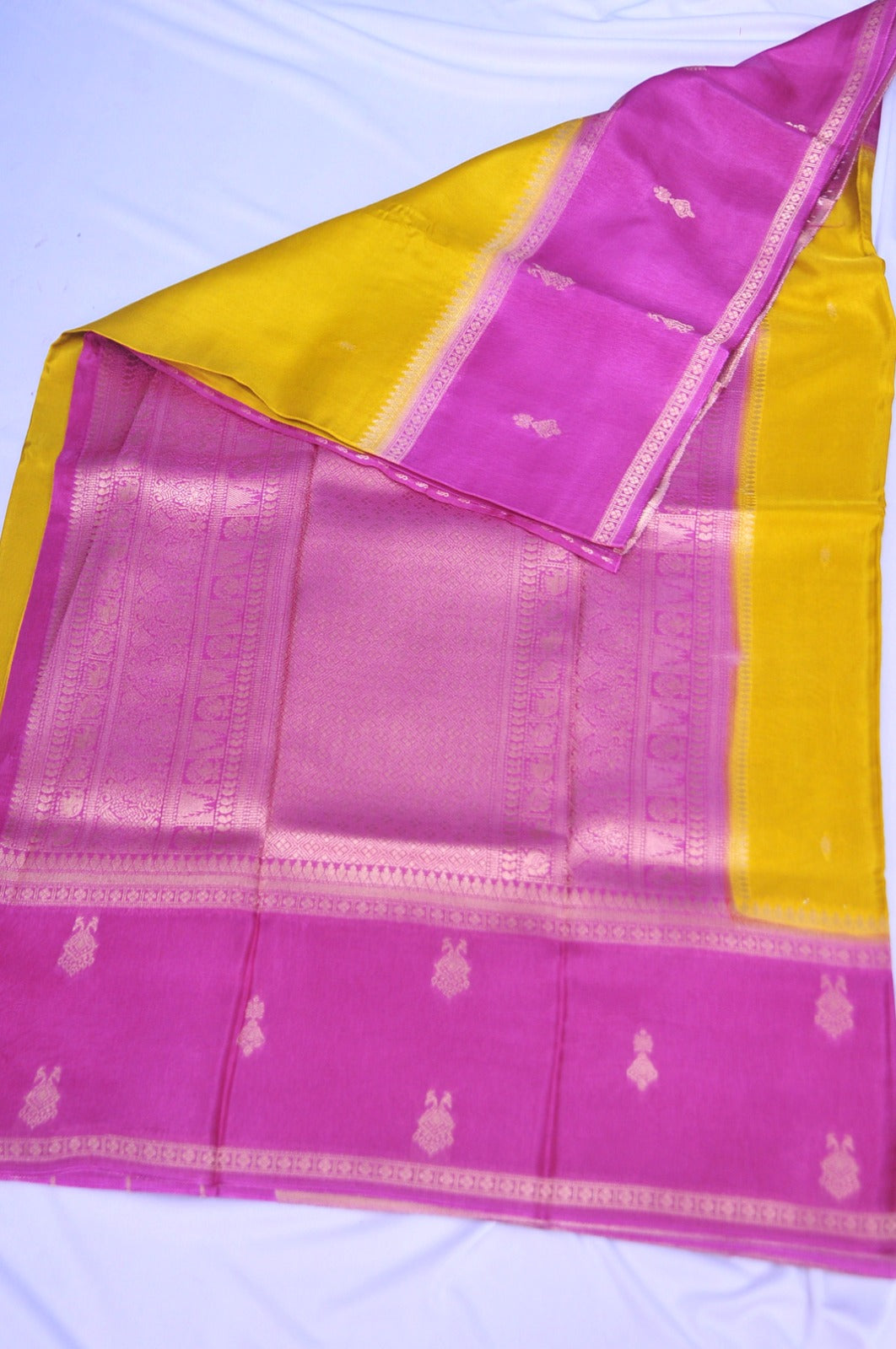 Premium Yellow and Magenta Semi Silk Saree – Traditional Ethnic Elegance