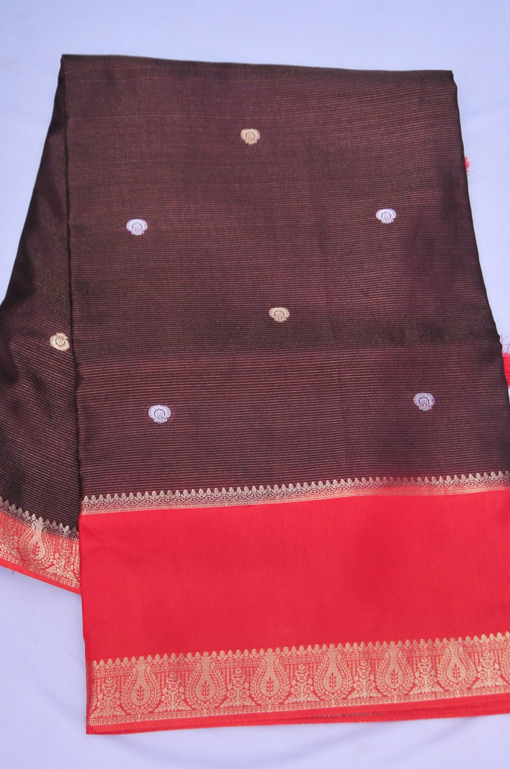 Dark Brown and Orange Soft Silk Saree with Meenakari Floral Design Contrast Orange Blouse