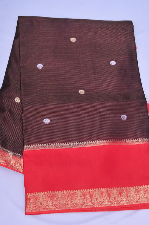Dark Brown and Orange Soft Silk Saree with Meenakari Floral Design Contrast Orange Blouse