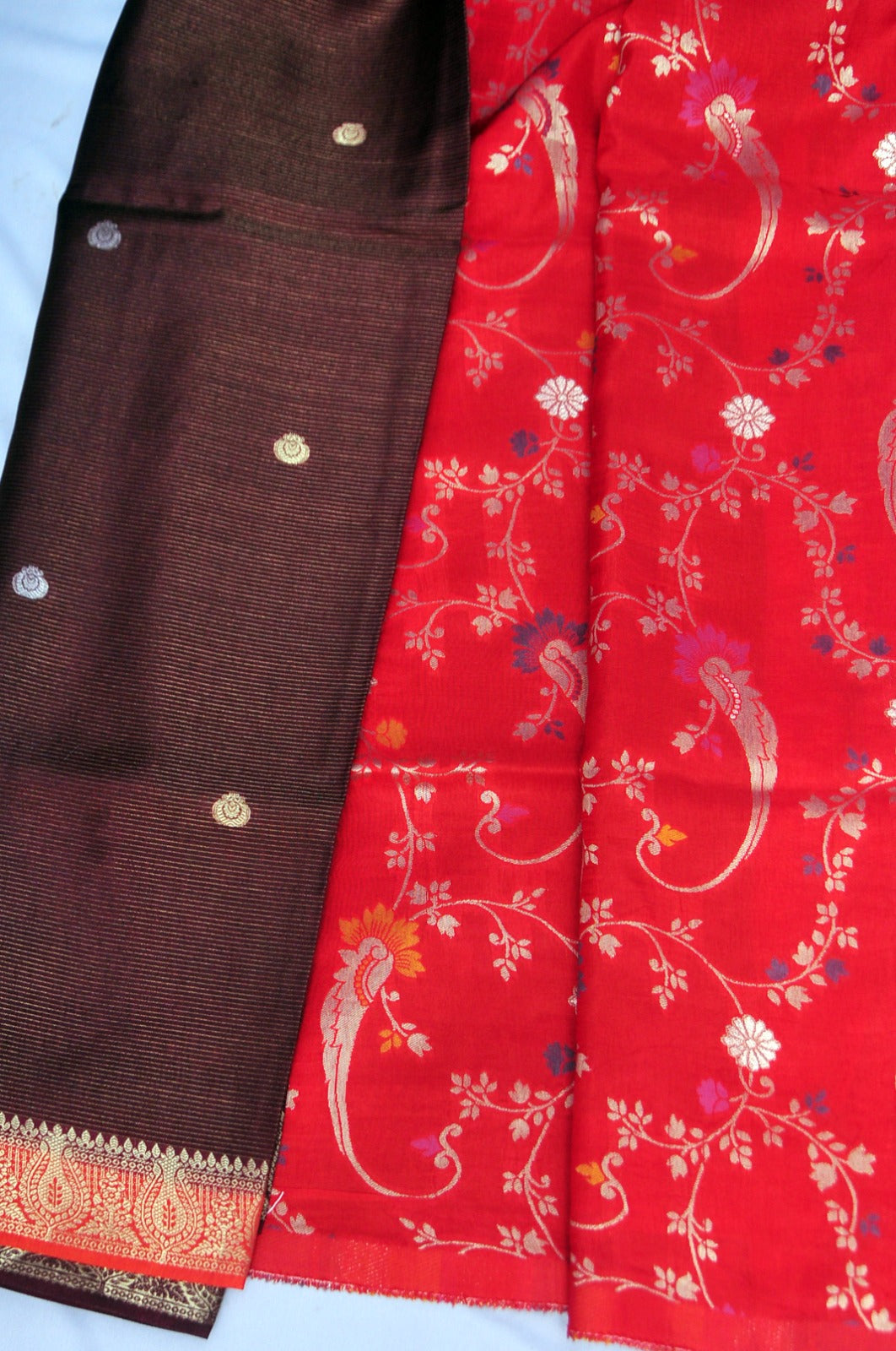 Dark Brown and Orange Soft Silk Saree with Meenakari Floral Design Contrast Orange Blouse