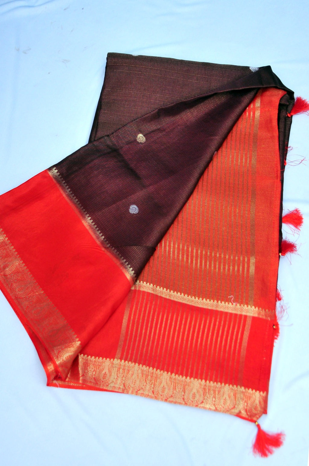 Dark Brown and Orange Soft Silk Saree with Meenakari Floral Design Contrast Orange Blouse