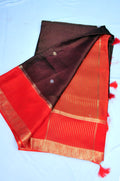 Dark Brown and Orange Soft Silk Saree with Meenakari Floral Design Contrast Orange Blouse