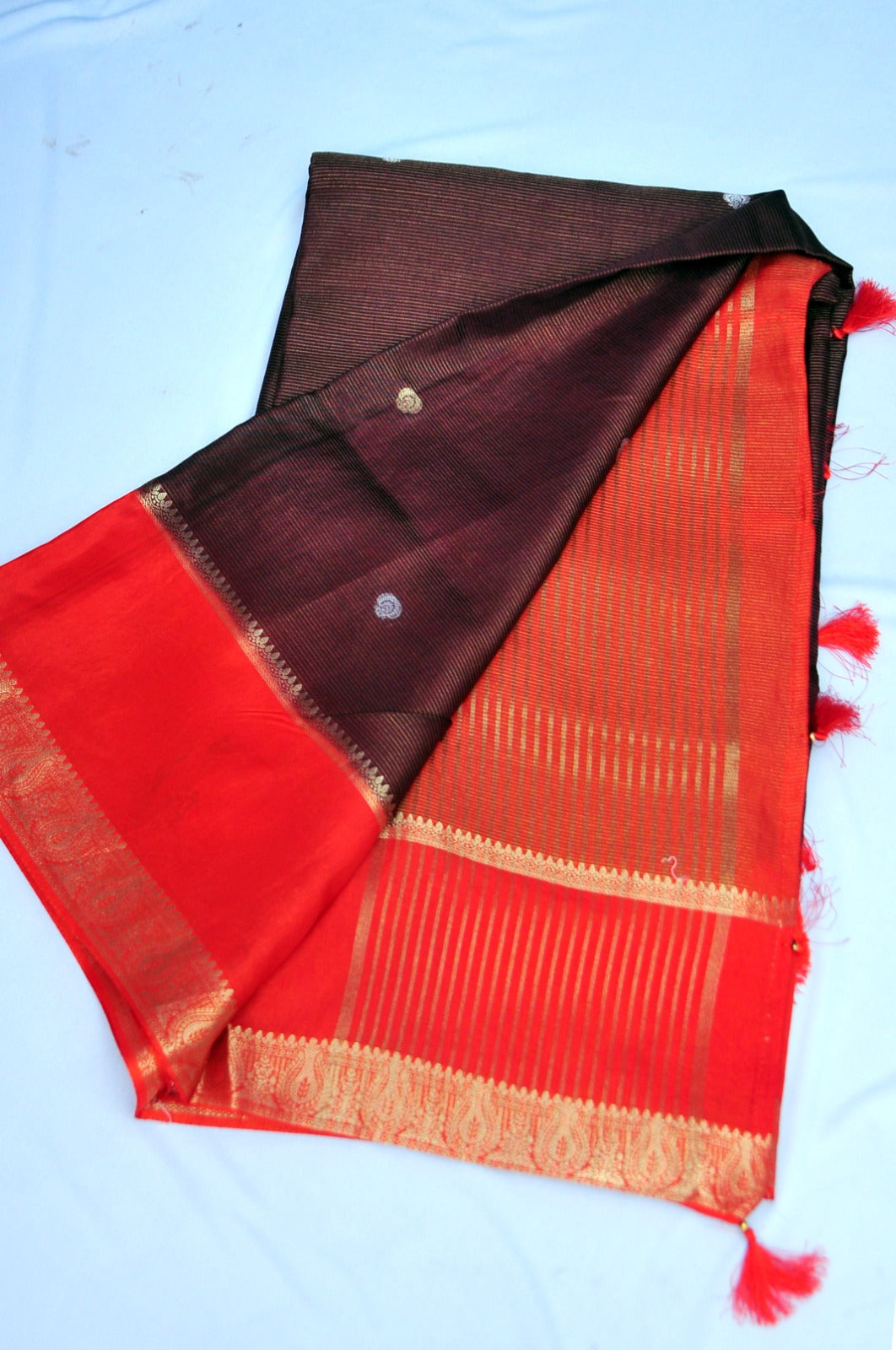 Dark Brown and Orange Soft Silk Saree with Meenakari Floral Design Contrast Orange Blouse